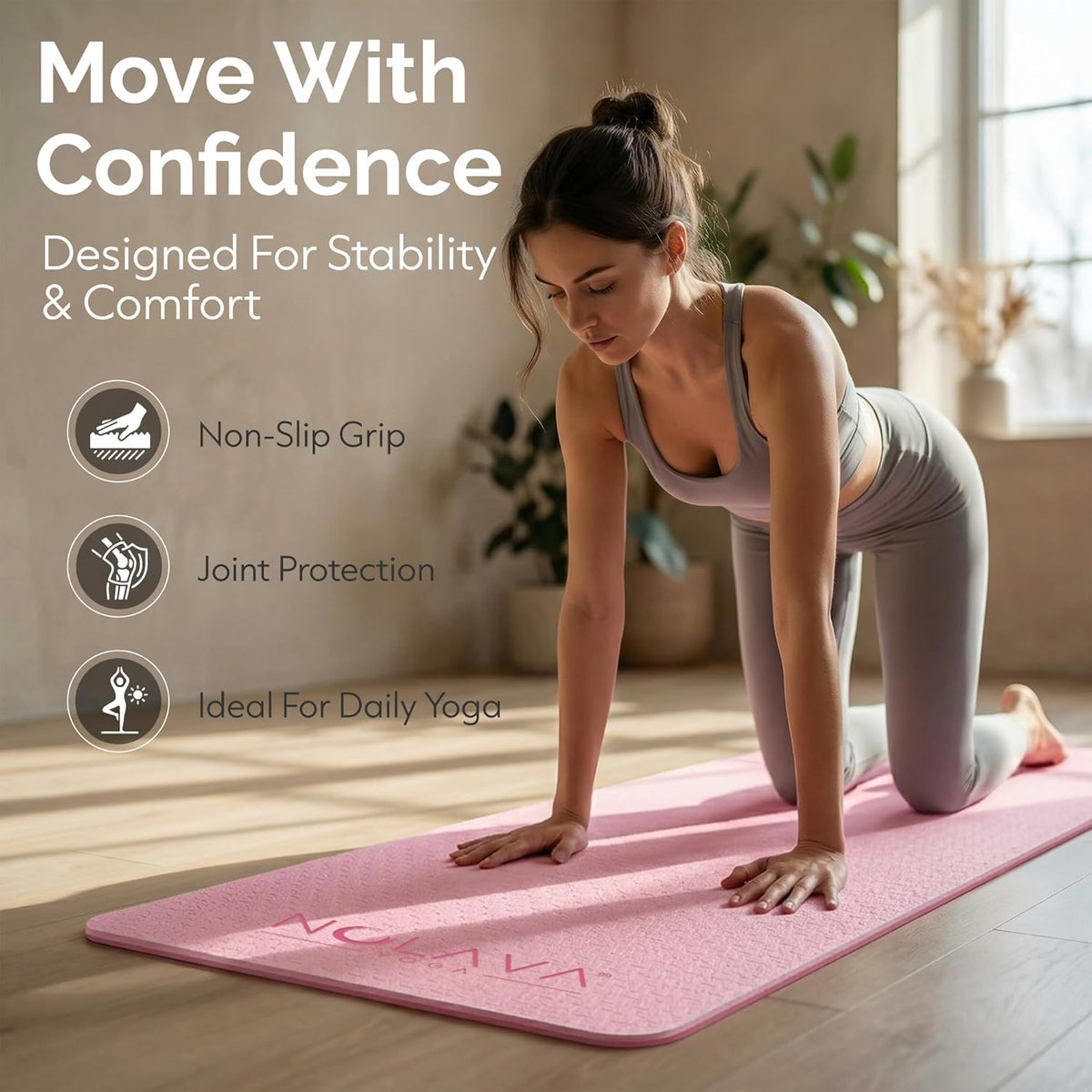 Nolava Yoga Mat with Bag – 72 x 24 inch, 1/4 inch Thick Non-Slip Mat – Includes Slap Band, Black Zippered Carry Tote with Mat Sleeve & Inner Pocket – For Yoga, Pilates, Home or Studio.