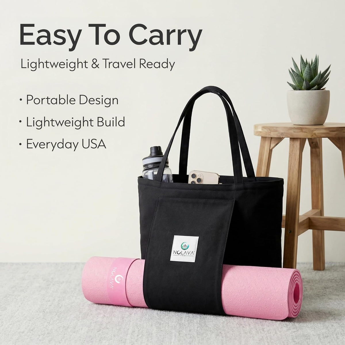 Nolava Yoga Mat with Bag – 72 x 24 inch, 1/4 inch Thick Non-Slip Mat – Includes Slap Band, Black Zippered Carry Tote with Mat Sleeve & Inner Pocket – For Yoga, Pilates, Home or Studio.