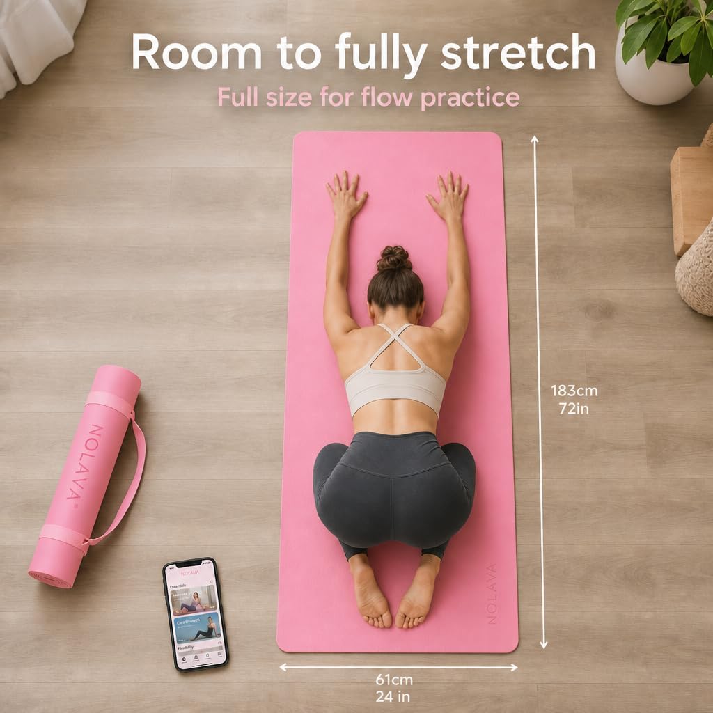 Nolava Yoga Mat with Bag – 72 x 24 inch, 1/4 inch Thick Non-Slip Mat – Includes Slap Band, Black Zippered Carry Tote with Mat Sleeve & Inner Pocket – For Yoga, Pilates, Home or Studio.