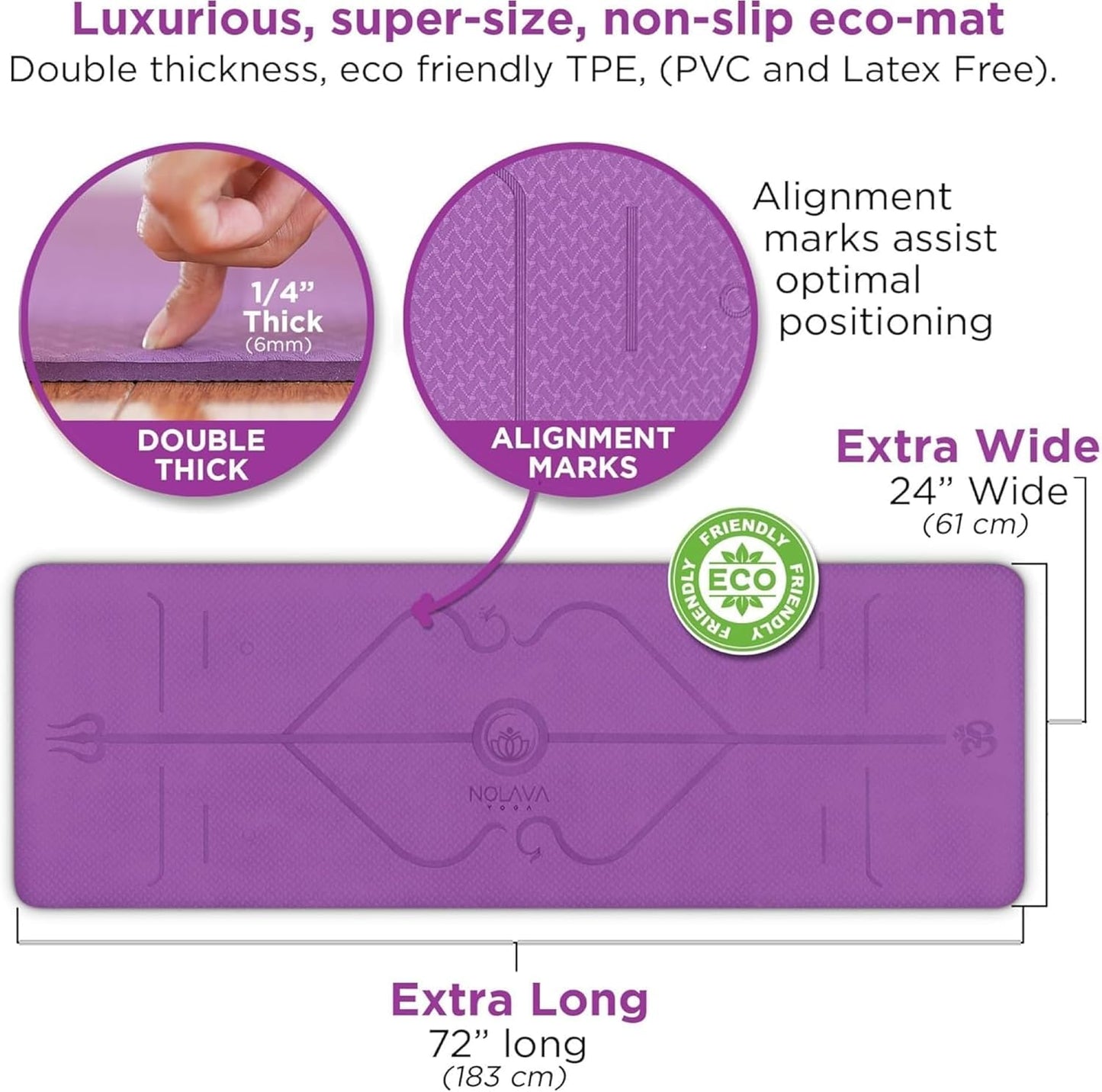 Nolava Yoga Mat with Bag – 72 x 24 inch, 1/4 inch Thick Non-Slip Mat – Includes Slap Band, Black Zippered Carry Tote with Mat Sleeve & Inner Pocket – For Yoga, Pilates, Home or Studio.