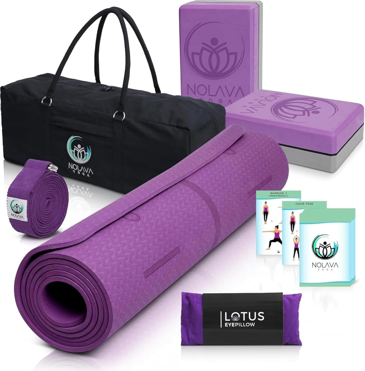 Nolava Yoga Mat with Bag – 72 x 24 inch, 1/4 inch Thick Non-Slip Mat – Includes Slap Band, Black Zippered Carry Tote with Mat Sleeve & Inner Pocket – For Yoga, Pilates, Home or Studio.