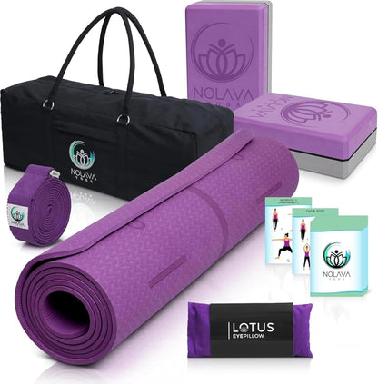 Nolava Yoga Mat with Bag – 72 x 24 inch, 1/4 inch Thick Non-Slip Mat – Includes Slap Band, Black Zippered Carry Tote with Mat Sleeve & Inner Pocket – For Yoga, Pilates, Home or Studio.