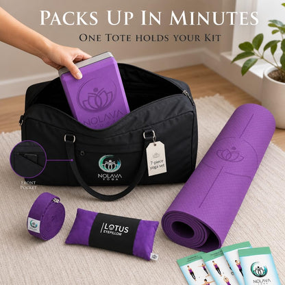 Nolava Yoga Mat with Bag – 72 x 24 inch, 1/4 inch Thick Non-Slip Mat – Includes Slap Band, Black Zippered Carry Tote with Mat Sleeve & Inner Pocket – For Yoga, Pilates, Home or Studio.