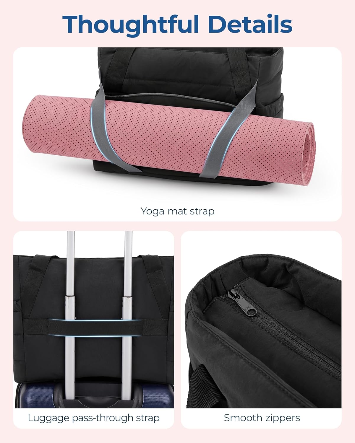 Tote Bag for Women with Zipper and Yoga Mat Straps Quilted Gym Tote for Travel, Work, Sport