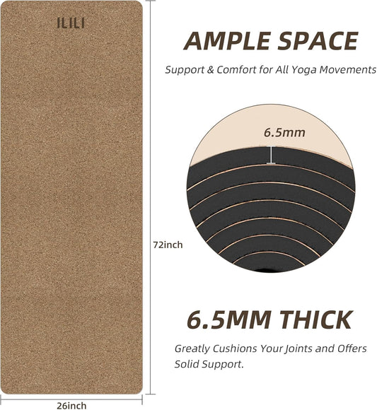 Eco-Friendly Cork Yoga Mat 1/4 inch Thick, 72''L*26''W, Non Slip Lightweight Cork and TPE Soft Exercise & Fitness Mat, Ideal for All Types of Yoga, Home, Gym & Studio Workouts