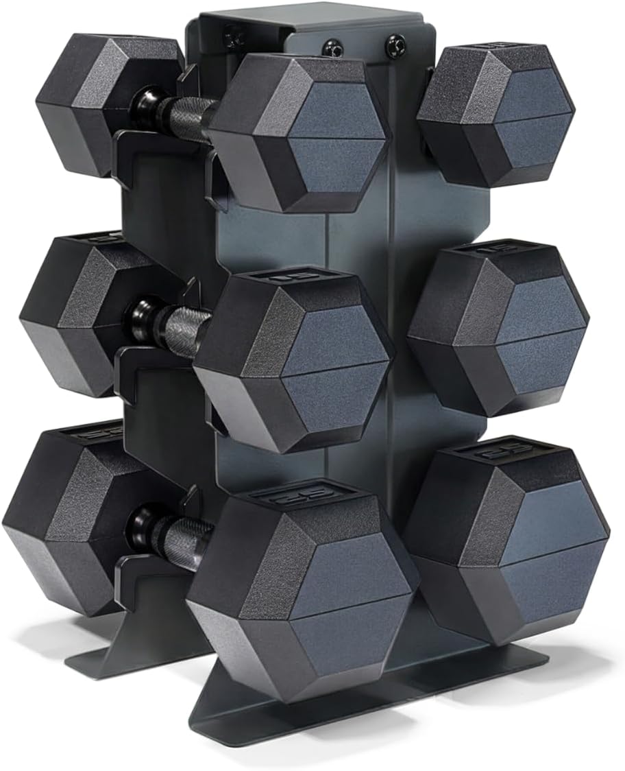 Dumbbell Set with Rack, Rubber Coated Hex Free Weight Set | 100–300 lb Options, Vertical Space-Saving Storage for Home Gym Strength Training