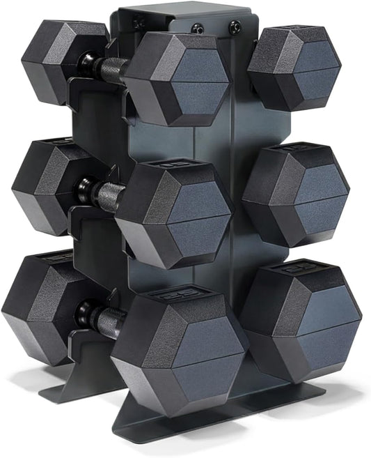 Dumbbell Set with Rack, Rubber Coated Hex Free Weight Set | 100–300 lb Options, Vertical Space-Saving Storage for Home Gym Strength Training