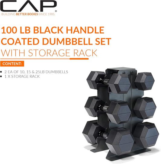 Dumbbell Set with Rack, Rubber Coated Hex Free Weight Set | 100–300 lb Options, Vertical Space-Saving Storage for Home Gym Strength Training