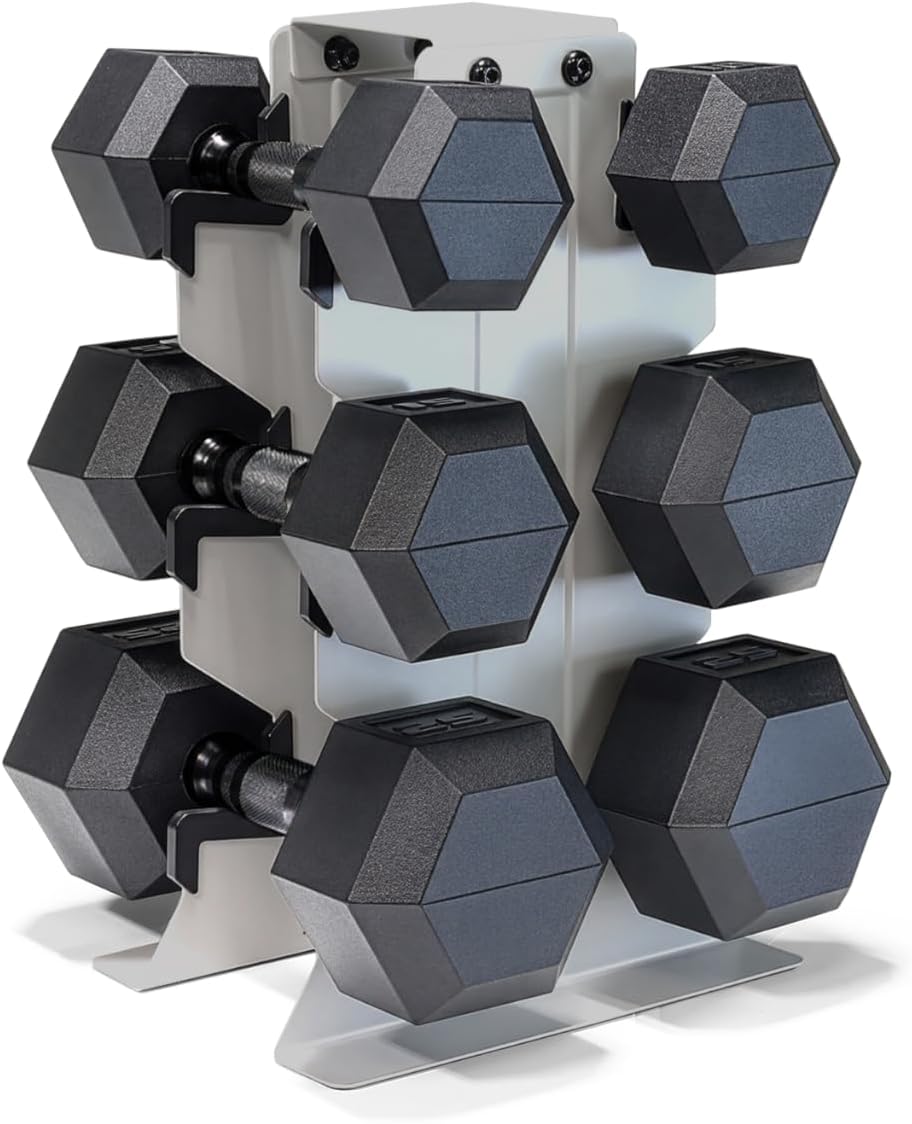 Dumbbell Set with Rack, Rubber Coated Hex Free Weight Set | 100–300 lb Options, Vertical Space-Saving Storage for Home Gym Strength Training