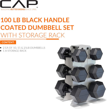 Dumbbell Set with Rack, Rubber Coated Hex Free Weight Set | 100–300 lb Options, Vertical Space-Saving Storage for Home Gym Strength Training