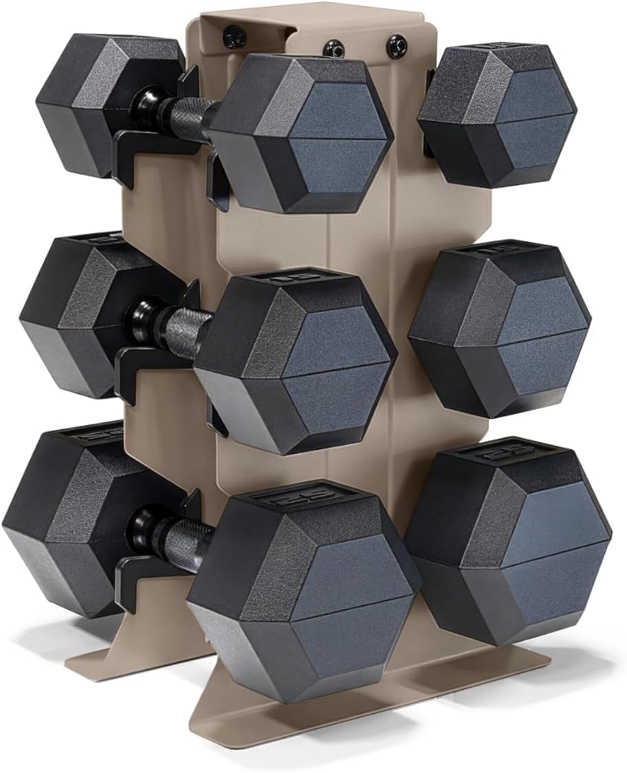 Dumbbell Set with Rack, Rubber Coated Hex Free Weight Set | 100–300 lb Options, Vertical Space-Saving Storage for Home Gym Strength Training
