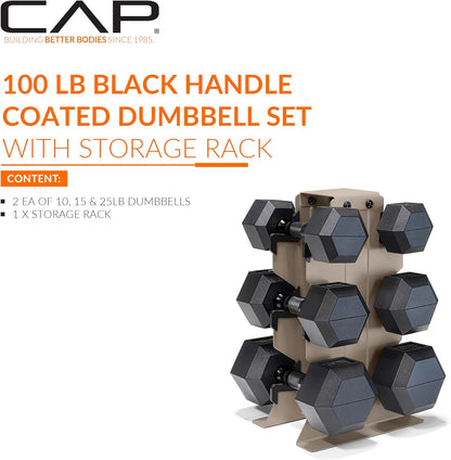 Dumbbell Set with Rack, Rubber Coated Hex Free Weight Set | 100–300 lb Options, Vertical Space-Saving Storage for Home Gym Strength Training