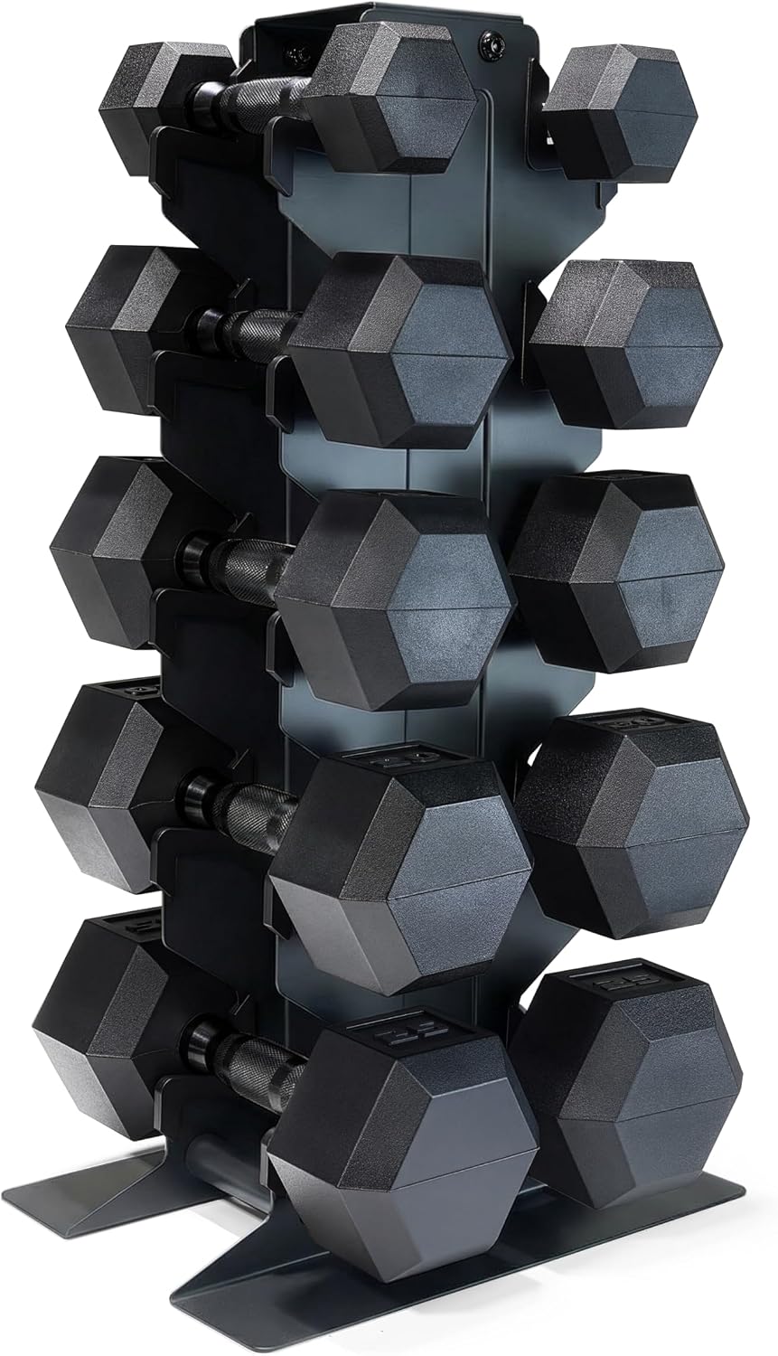 Dumbbell Set with Rack, Rubber Coated Hex Free Weight Set | 100–300 lb Options, Vertical Space-Saving Storage for Home Gym Strength Training