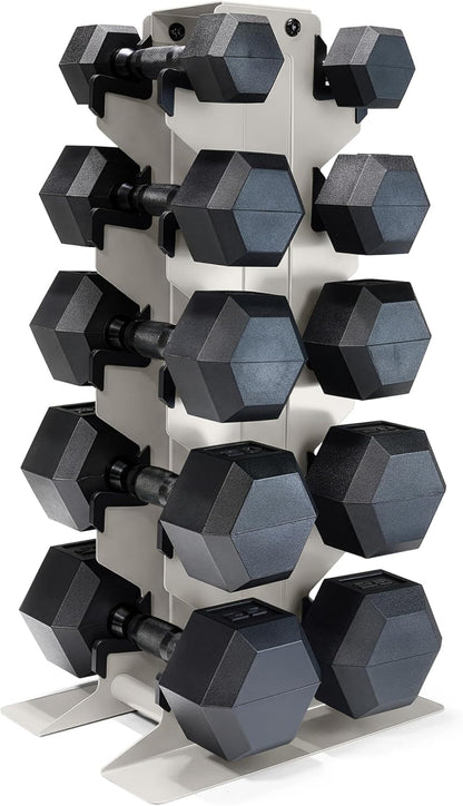 Dumbbell Set with Rack, Rubber Coated Hex Free Weight Set | 100–300 lb Options, Vertical Space-Saving Storage for Home Gym Strength Training