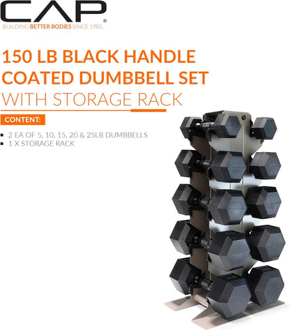 Dumbbell Set with Rack, Rubber Coated Hex Free Weight Set | 100–300 lb Options, Vertical Space-Saving Storage for Home Gym Strength Training