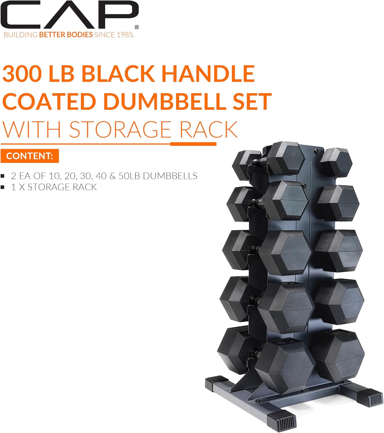 Dumbbell Set with Rack, Rubber Coated Hex Free Weight Set | 100–300 lb Options, Vertical Space-Saving Storage for Home Gym Strength Training
