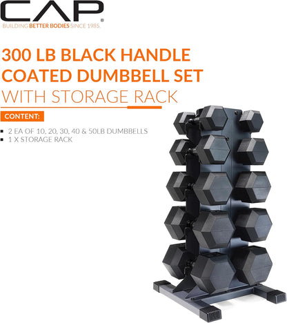 Dumbbell Set with Rack, Rubber Coated Hex Free Weight Set | 100–300 lb Options, Vertical Space-Saving Storage for Home Gym Strength Training