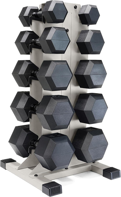 Dumbbell Set with Rack, Rubber Coated Hex Free Weight Set | 100–300 lb Options, Vertical Space-Saving Storage for Home Gym Strength Training