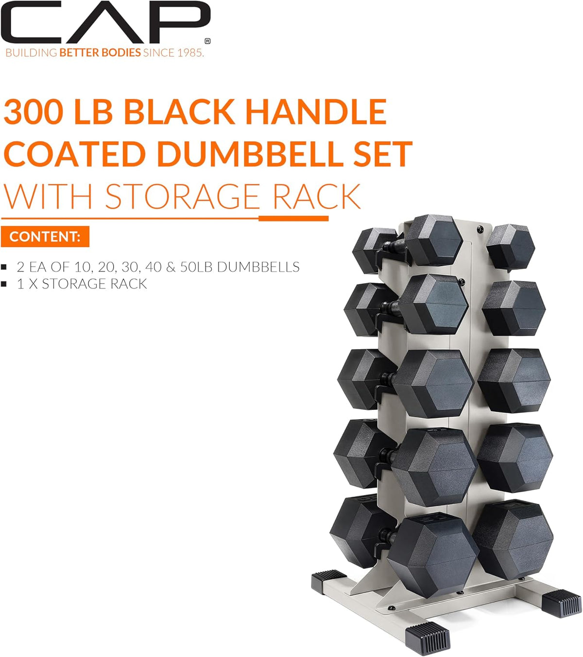 Dumbbell Set with Rack, Rubber Coated Hex Free Weight Set | 100–300 lb Options, Vertical Space-Saving Storage for Home Gym Strength Training