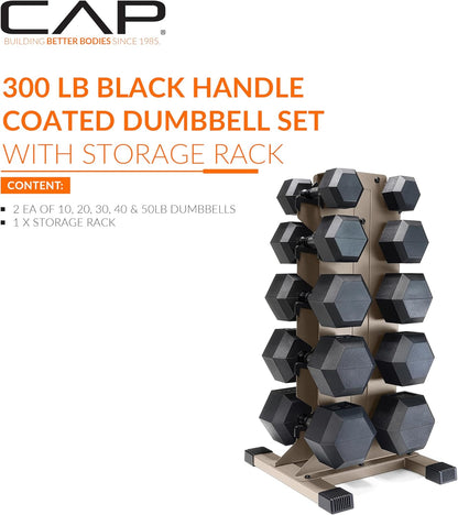Dumbbell Set with Rack, Rubber Coated Hex Free Weight Set | 100–300 lb Options, Vertical Space-Saving Storage for Home Gym Strength Training