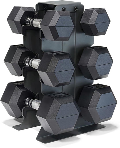 Dumbbell Set with Rack, Rubber Coated Hex Free Weight Set | 100–300 lb Options, Vertical Space-Saving Storage for Home Gym Strength Training