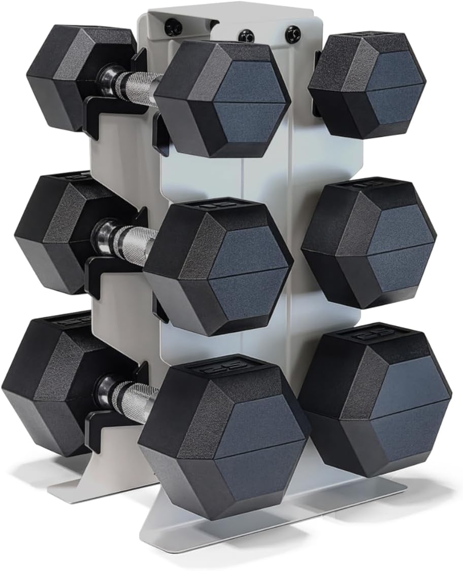 Dumbbell Set with Rack, Rubber Coated Hex Free Weight Set | 100–300 lb Options, Vertical Space-Saving Storage for Home Gym Strength Training
