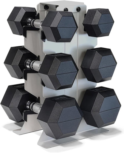 Dumbbell Set with Rack, Rubber Coated Hex Free Weight Set | 100–300 lb Options, Vertical Space-Saving Storage for Home Gym Strength Training
