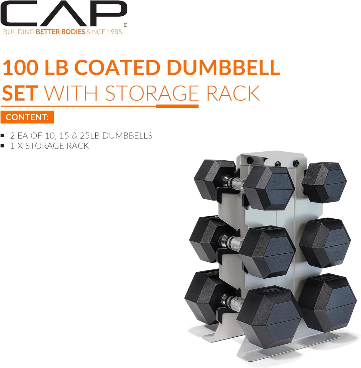 Dumbbell Set with Rack, Rubber Coated Hex Free Weight Set | 100–300 lb Options, Vertical Space-Saving Storage for Home Gym Strength Training