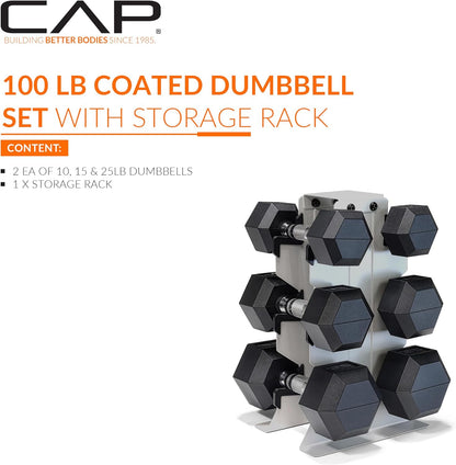Dumbbell Set with Rack, Rubber Coated Hex Free Weight Set | 100–300 lb Options, Vertical Space-Saving Storage for Home Gym Strength Training