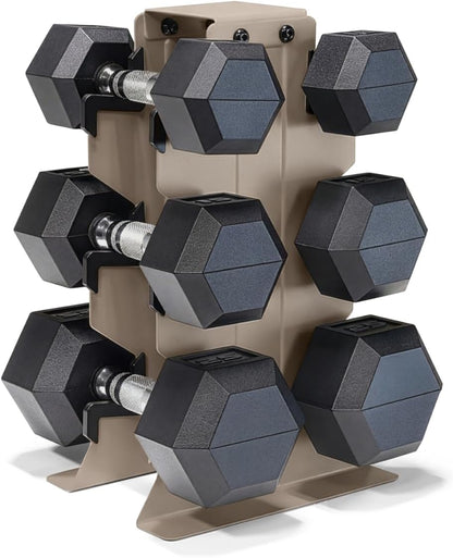 Dumbbell Set with Rack, Rubber Coated Hex Free Weight Set | 100–300 lb Options, Vertical Space-Saving Storage for Home Gym Strength Training