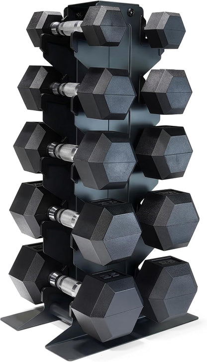Dumbbell Set with Rack, Rubber Coated Hex Free Weight Set | 100–300 lb Options, Vertical Space-Saving Storage for Home Gym Strength Training