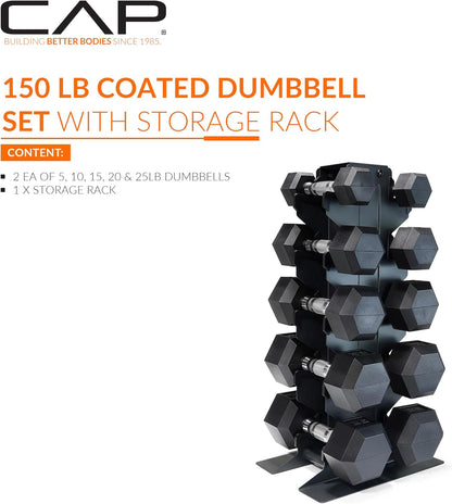 Dumbbell Set with Rack, Rubber Coated Hex Free Weight Set | 100–300 lb Options, Vertical Space-Saving Storage for Home Gym Strength Training