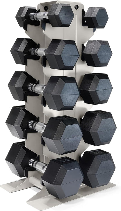 Dumbbell Set with Rack, Rubber Coated Hex Free Weight Set | 100–300 lb Options, Vertical Space-Saving Storage for Home Gym Strength Training