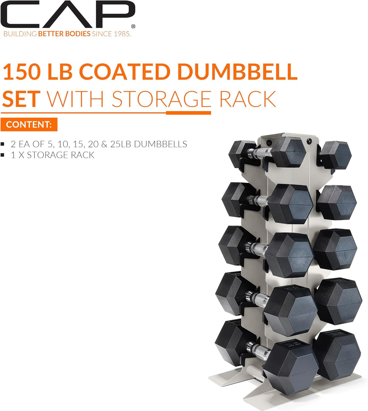 Dumbbell Set with Rack, Rubber Coated Hex Free Weight Set | 100–300 lb Options, Vertical Space-Saving Storage for Home Gym Strength Training