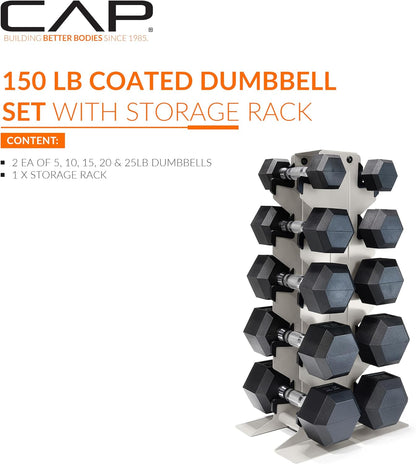 Dumbbell Set with Rack, Rubber Coated Hex Free Weight Set | 100–300 lb Options, Vertical Space-Saving Storage for Home Gym Strength Training