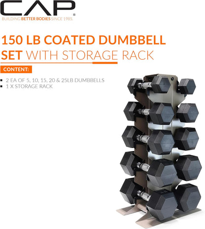 Dumbbell Set with Rack, Rubber Coated Hex Free Weight Set | 100–300 lb Options, Vertical Space-Saving Storage for Home Gym Strength Training