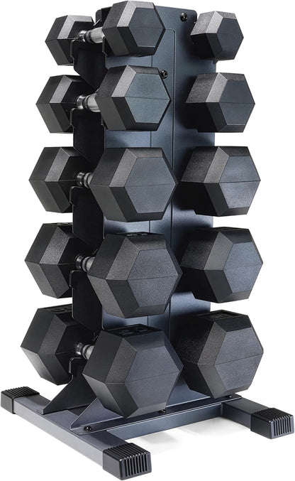 Dumbbell Set with Rack, Rubber Coated Hex Free Weight Set | 100–300 lb Options, Vertical Space-Saving Storage for Home Gym Strength Training