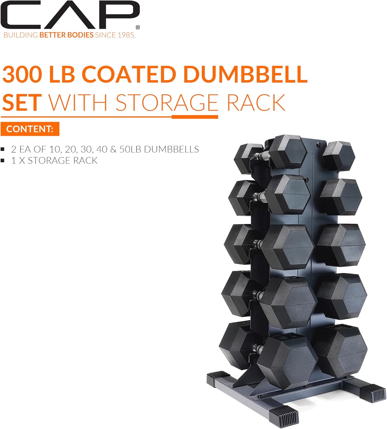 Dumbbell Set with Rack, Rubber Coated Hex Free Weight Set | 100–300 lb Options, Vertical Space-Saving Storage for Home Gym Strength Training