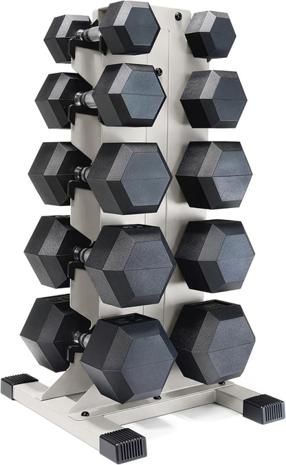 Dumbbell Set with Rack, Rubber Coated Hex Free Weight Set | 100–300 lb Options, Vertical Space-Saving Storage for Home Gym Strength Training