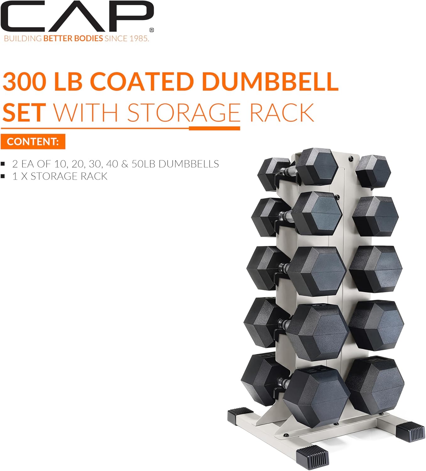 Dumbbell Set with Rack, Rubber Coated Hex Free Weight Set | 100–300 lb Options, Vertical Space-Saving Storage for Home Gym Strength Training