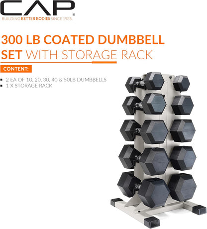 Dumbbell Set with Rack, Rubber Coated Hex Free Weight Set | 100–300 lb Options, Vertical Space-Saving Storage for Home Gym Strength Training