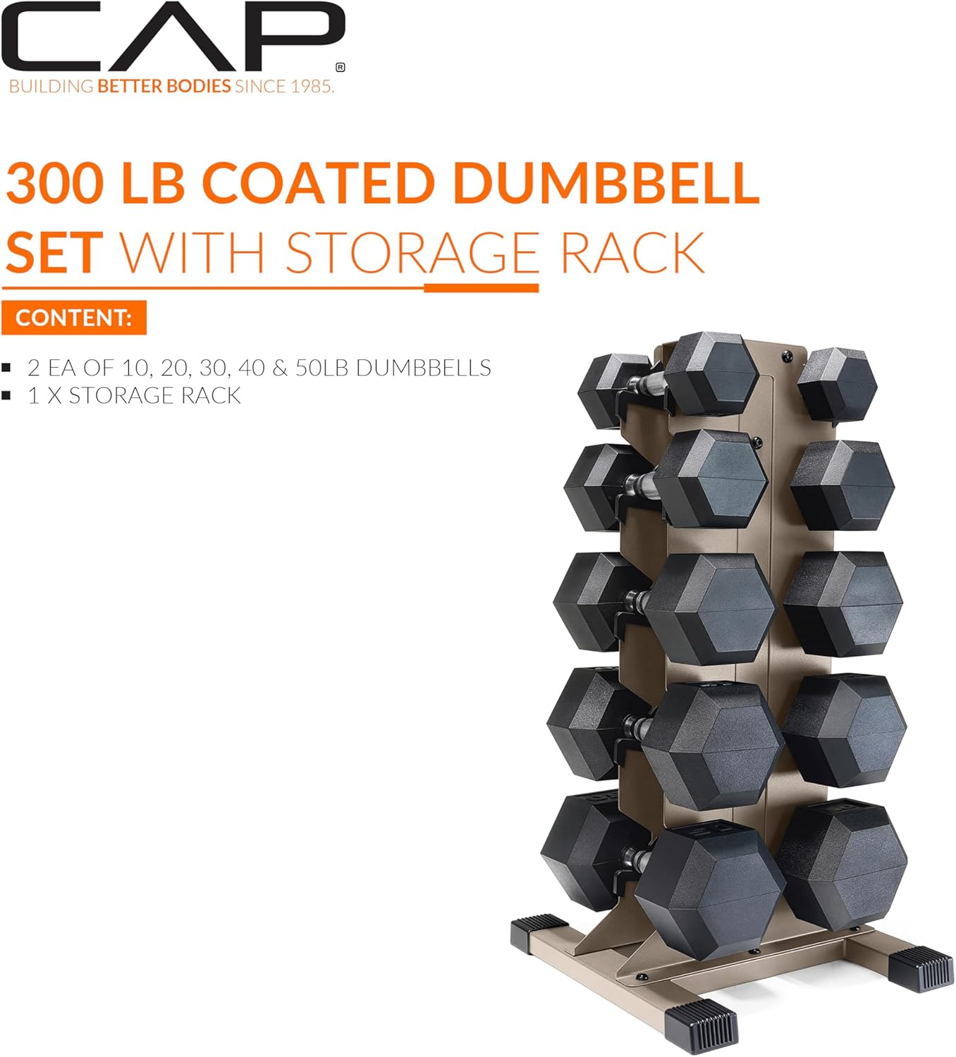 Dumbbell Set with Rack, Rubber Coated Hex Free Weight Set | 100–300 lb Options, Vertical Space-Saving Storage for Home Gym Strength Training