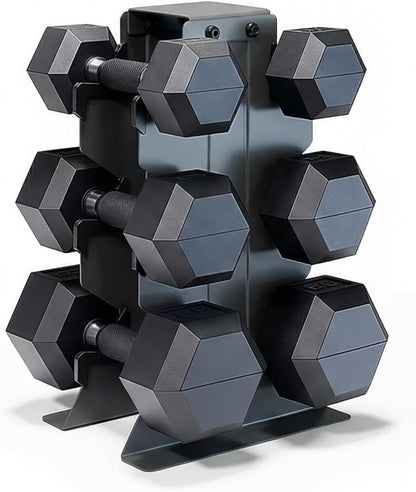 Dumbbell Set with Rack, Rubber Coated Hex Free Weight Set | 100–300 lb Options, Vertical Space-Saving Storage for Home Gym Strength Training
