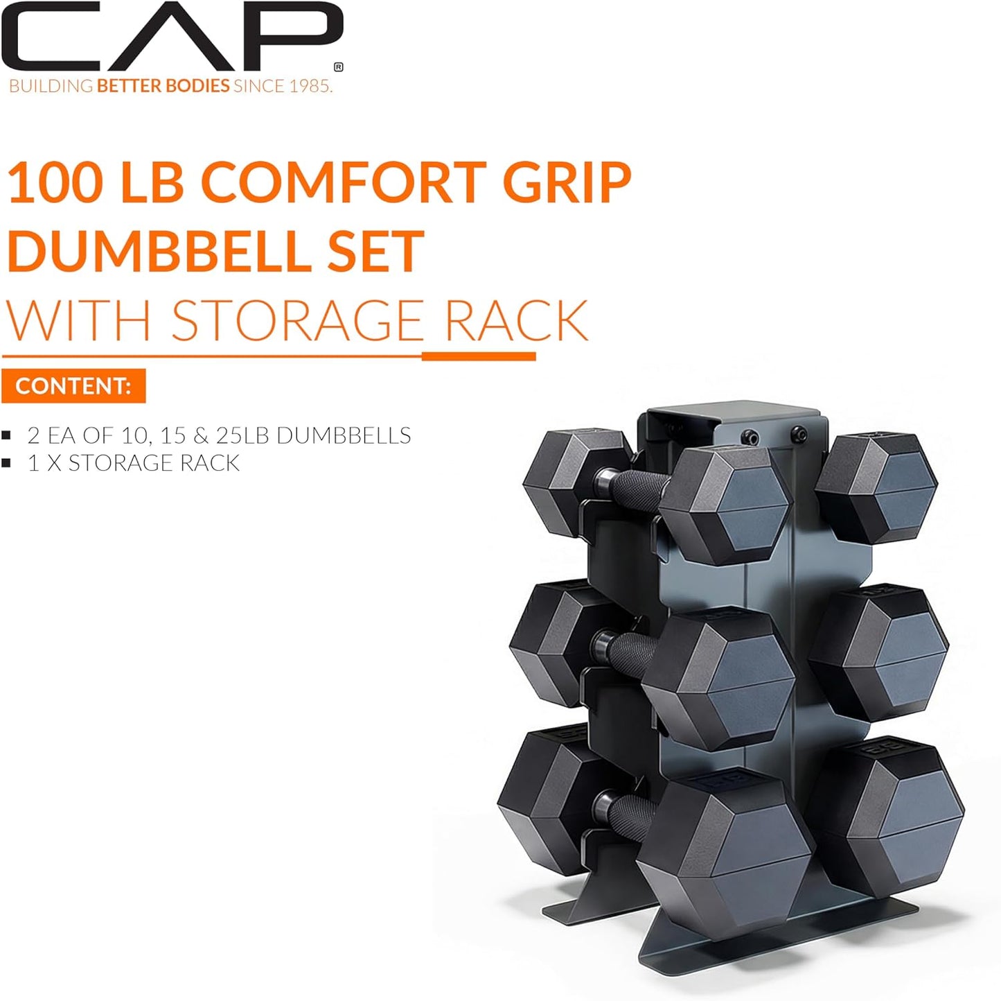 Dumbbell Set with Rack, Rubber Coated Hex Free Weight Set | 100–300 lb Options, Vertical Space-Saving Storage for Home Gym Strength Training