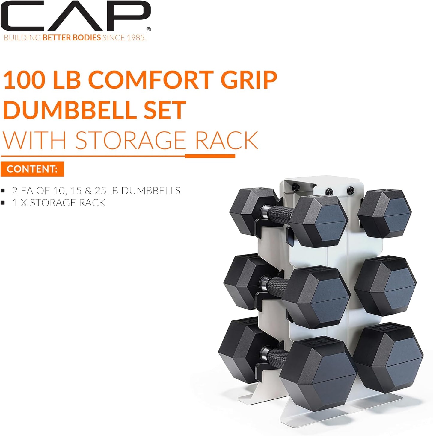 Dumbbell Set with Rack, Rubber Coated Hex Free Weight Set | 100–300 lb Options, Vertical Space-Saving Storage for Home Gym Strength Training