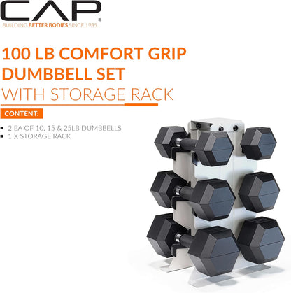 Dumbbell Set with Rack, Rubber Coated Hex Free Weight Set | 100–300 lb Options, Vertical Space-Saving Storage for Home Gym Strength Training