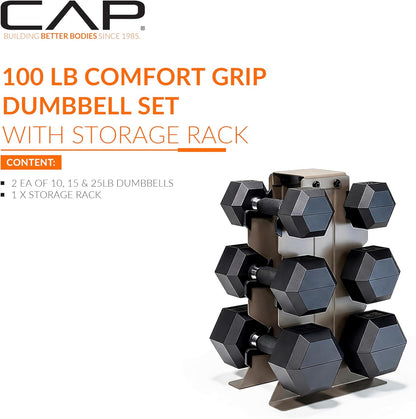 Dumbbell Set with Rack, Rubber Coated Hex Free Weight Set | 100–300 lb Options, Vertical Space-Saving Storage for Home Gym Strength Training