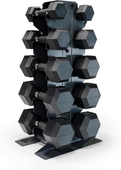 Dumbbell Set with Rack, Rubber Coated Hex Free Weight Set | 100–300 lb Options, Vertical Space-Saving Storage for Home Gym Strength Training