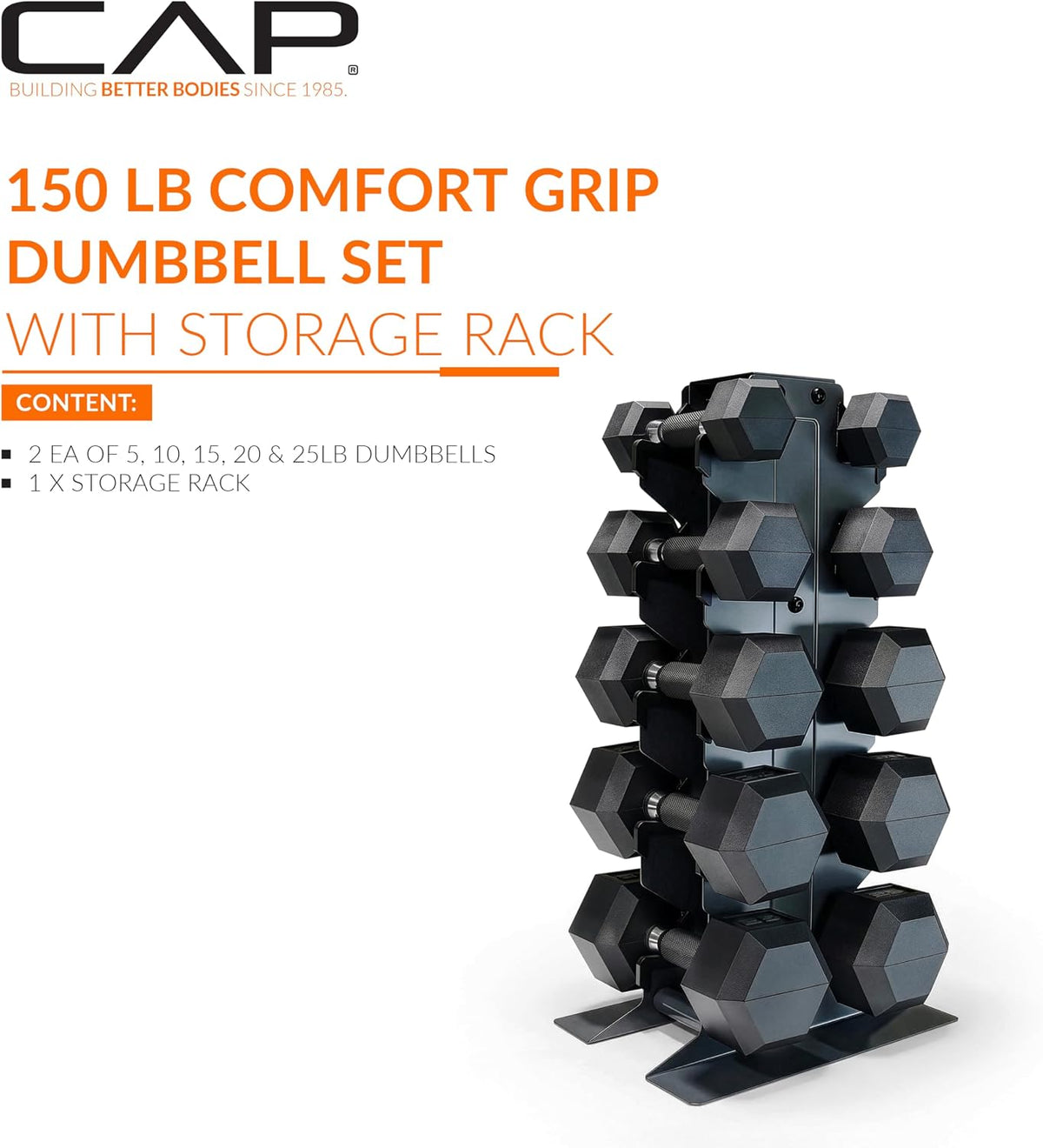 Dumbbell Set with Rack, Rubber Coated Hex Free Weight Set | 100–300 lb Options, Vertical Space-Saving Storage for Home Gym Strength Training