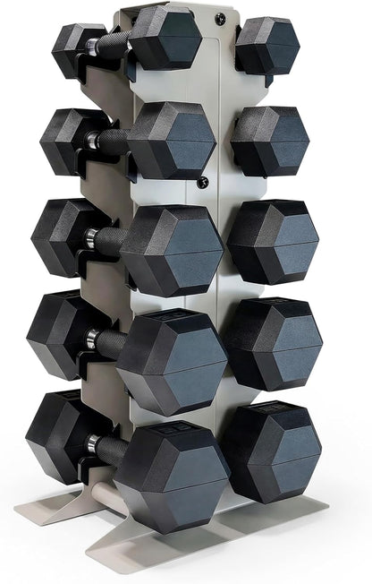 Dumbbell Set with Rack, Rubber Coated Hex Free Weight Set | 100–300 lb Options, Vertical Space-Saving Storage for Home Gym Strength Training